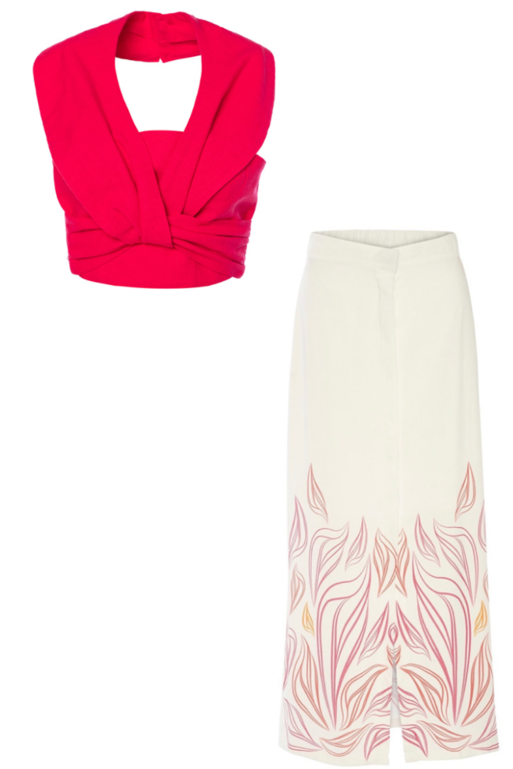 Meria Linen Halter Crop Top Bustier & Lobelia White Long Summer Linen Slit Skirt
