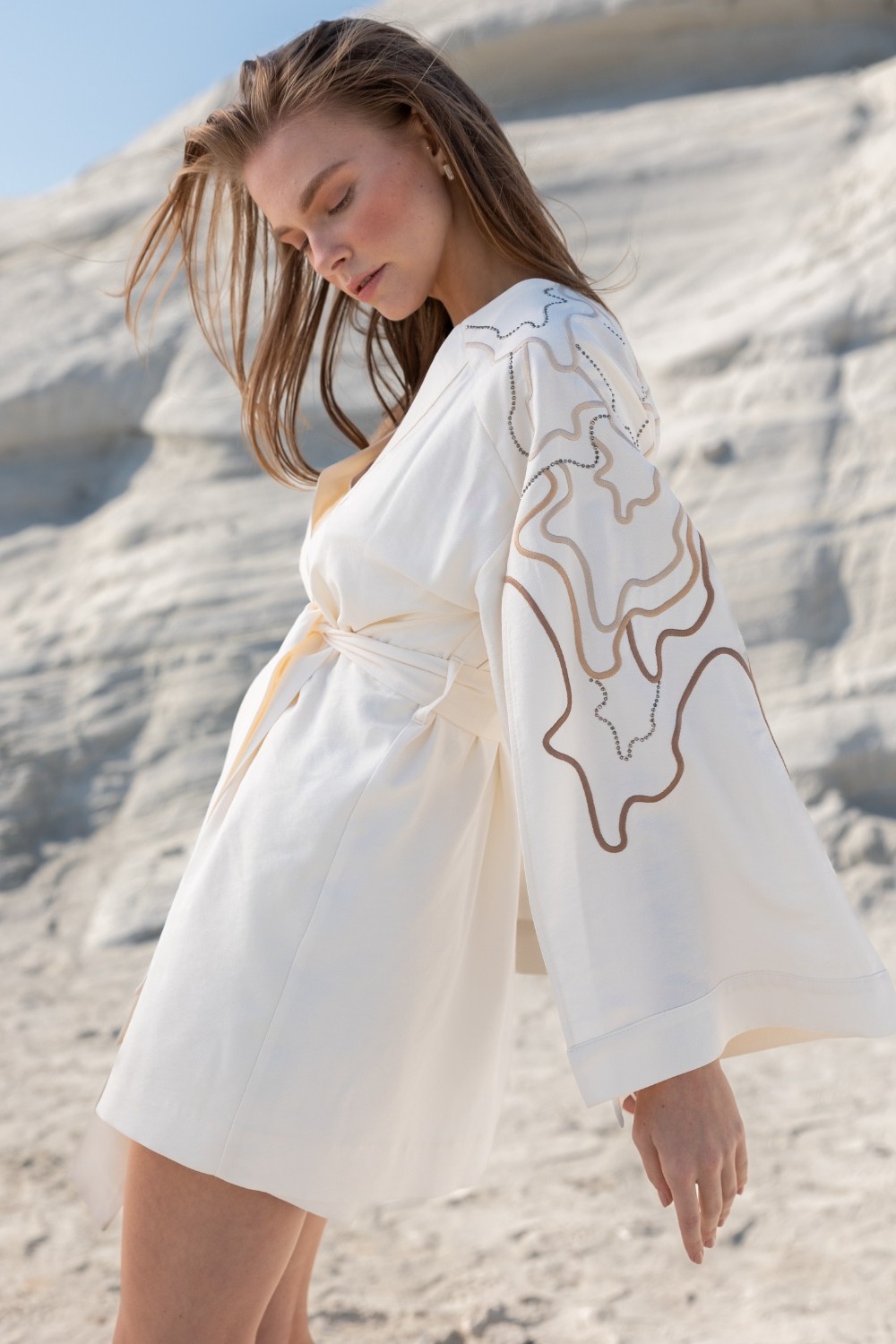 Woven Embroidered Robe, Linen-blend Ecru White Summer Kimono