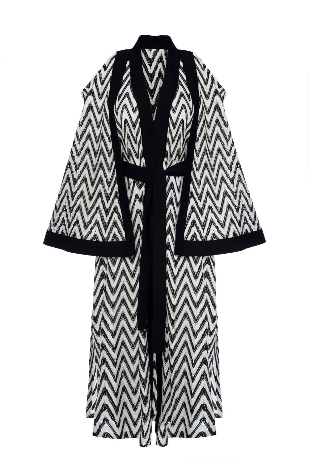 Omuzları Açık, Örme, Siyah-beyaz-altın Sarısı Desenli Kimono