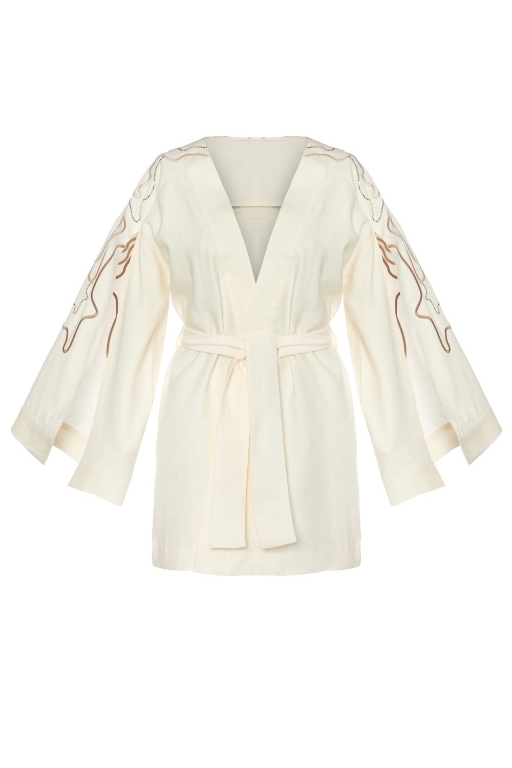 Dokuma Nakışlı Taş Işıltılı Ekru Beyaz Pelerin Kimono