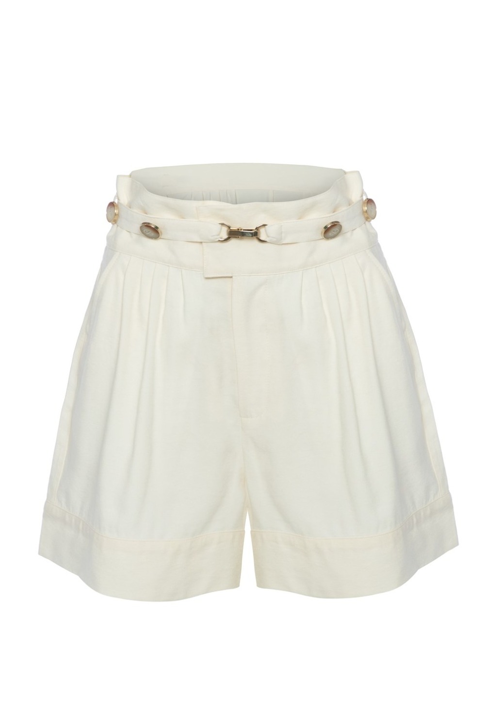 High Tide Button-embellished Pleated Ecru Cotton Blend Shorts