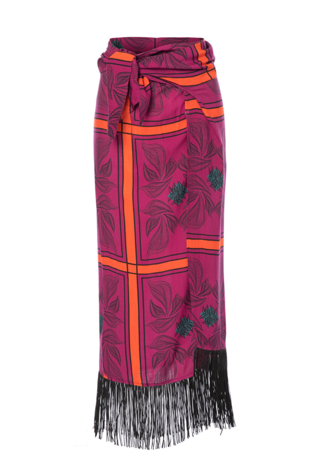 Mari Crop Top Short Linen Bustier & Balia Printed Fringed Midi Pareo Sarong Skirt, Cover Up Beach Skirt Set
