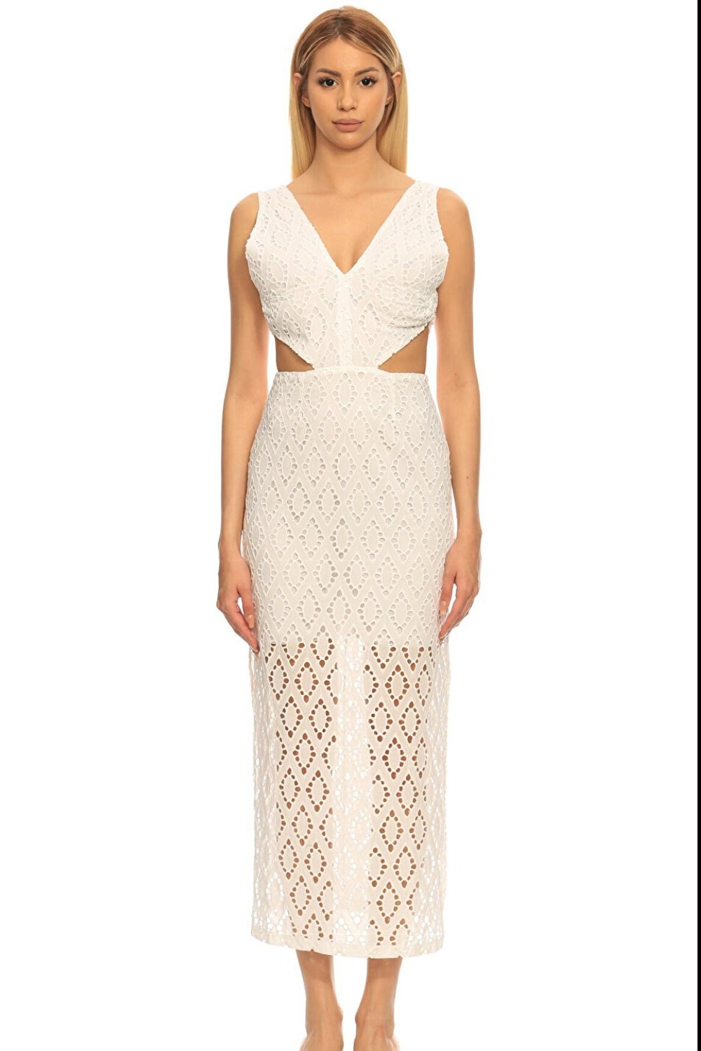 Venice White Embroidered Long Cut-out Summer Dress With Side Slits