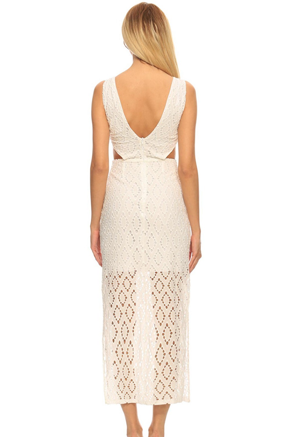 Venice Beyaz Nakışlı Yanları Yırtmaçlı Uzun Cut-out Elbise