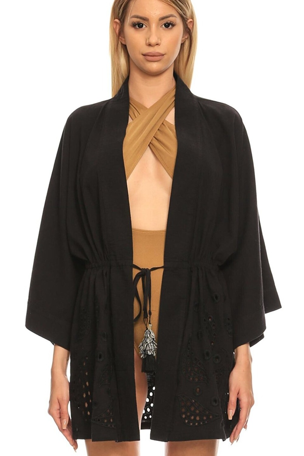 Alexandria Cotton Embroidered Short Black Kimono & Hegra Summer Trousers, Linen Side Slits, Ankle-tie Baggy Trousers