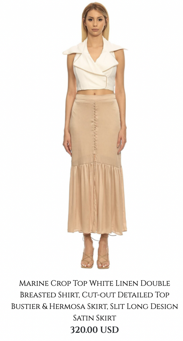 https://www.womenandwomen.net/en/urun/512/marine-crop-top-white-linen-double-breasted-shirt-cut-out-detailed-top-bustier-hermosa-skirt-slit-long-design-satin-skirt